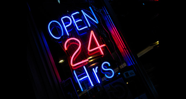 Neon sign reads Open 24 Hours